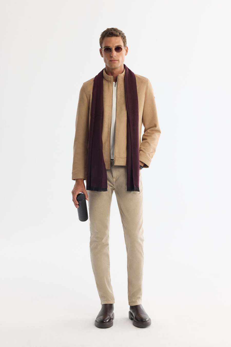 Bej Süet Dokulu Önü Fermuarlı Mont