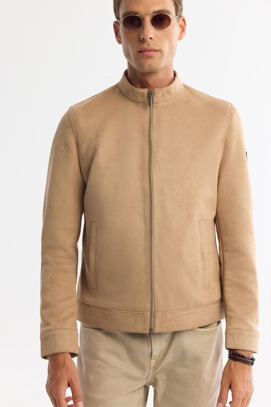 Bej Süet Dokulu Önü Fermuarlı Mont