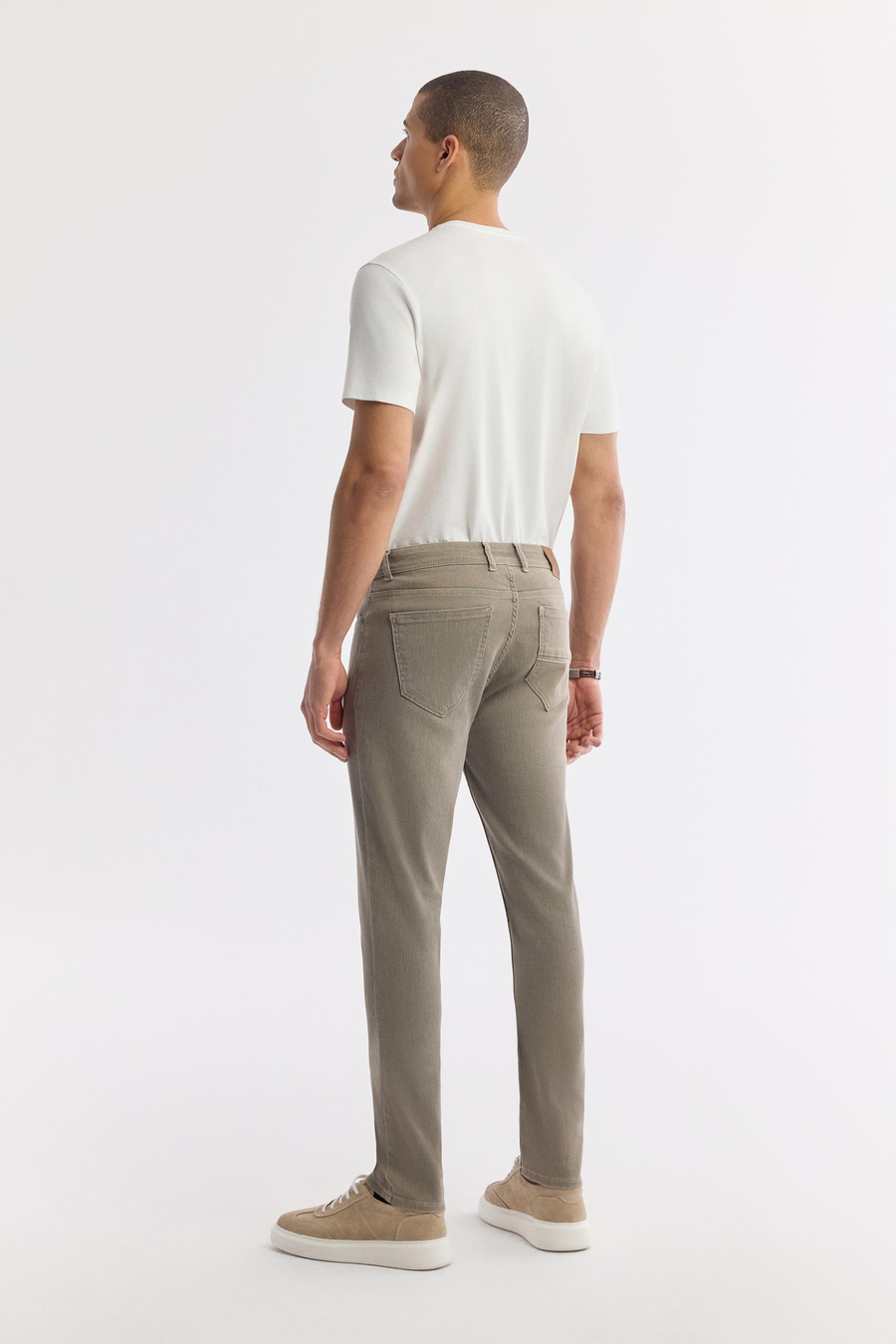 Bej Taş Yıkamalı Örme Slim Fit Denim Pantolon