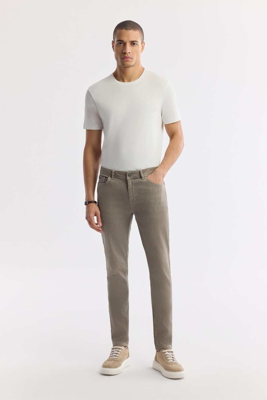 Bej Taş Yıkamalı Örme Slim Fit Denim Pantolon