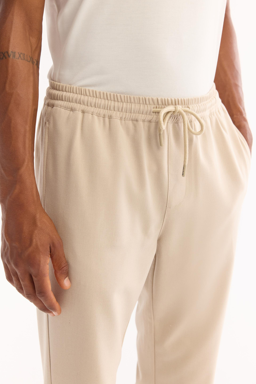 Bej Yandan Cepli Beli Lastikli Bağcıklı Duble Paça Jogger Pantolon