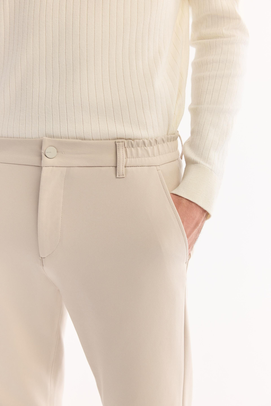 Bej Yanı Lastikli Teknik Slim Fit Pantolon