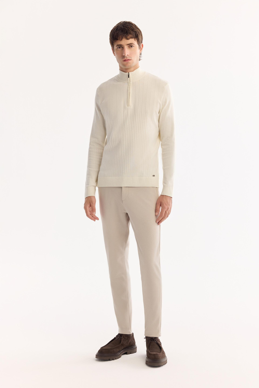 Bej Yanı Lastikli Teknik Slim Fit Pantolon