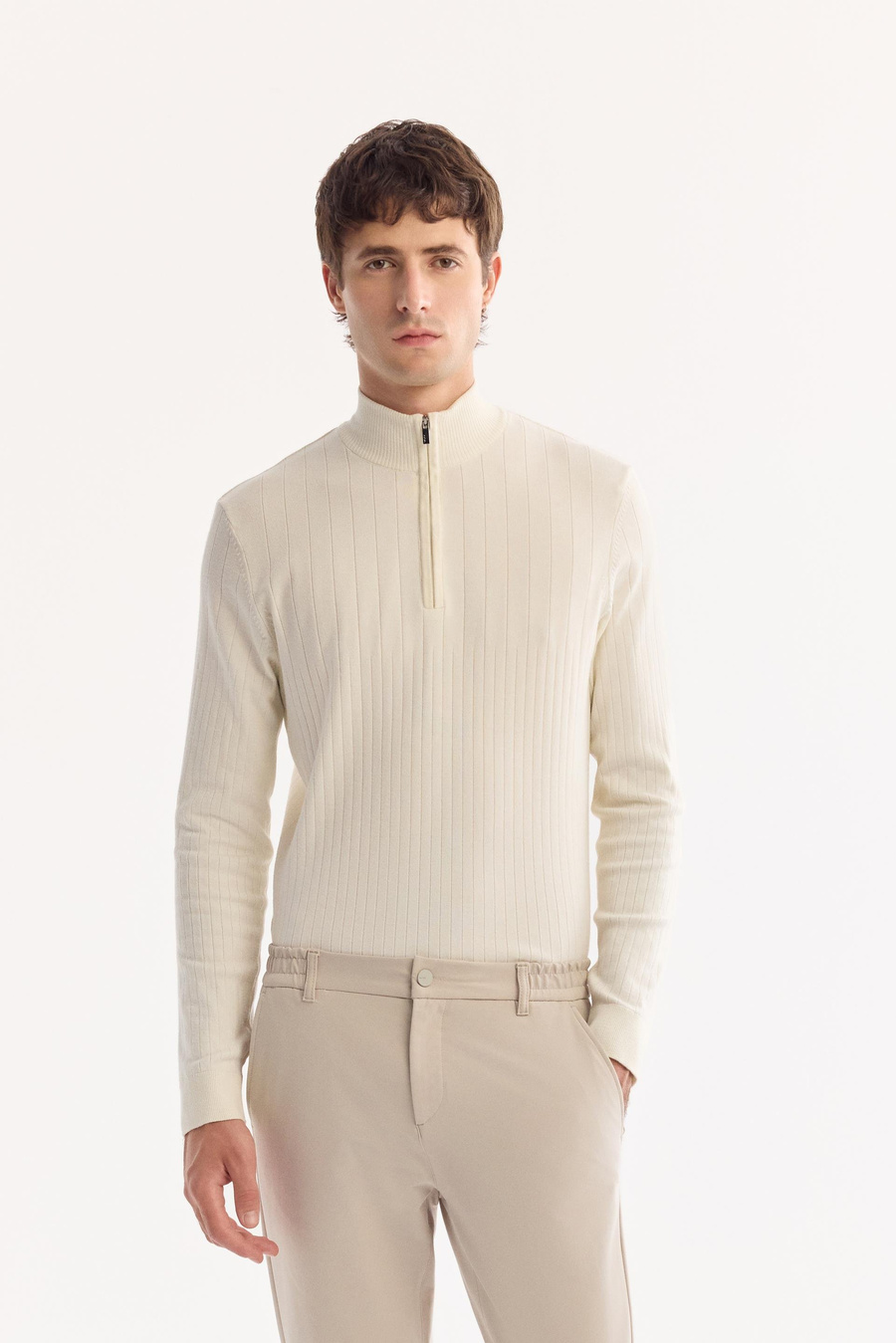 Bej Yanı Lastikli Teknik Slim Fit Pantolon