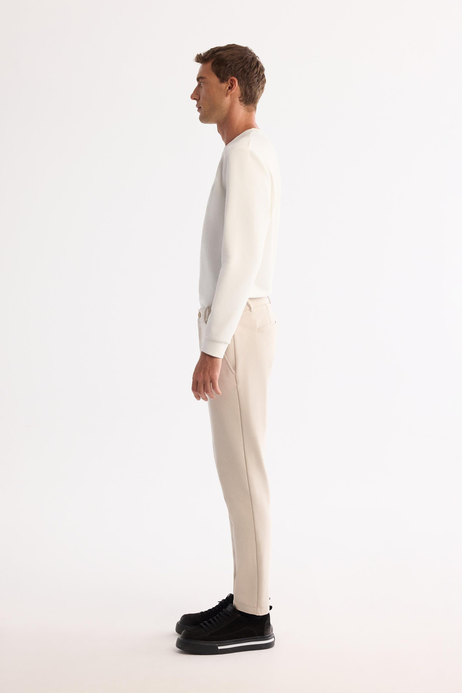 Bej Yanı Lastikli Teknik Slim Fit Pantolon