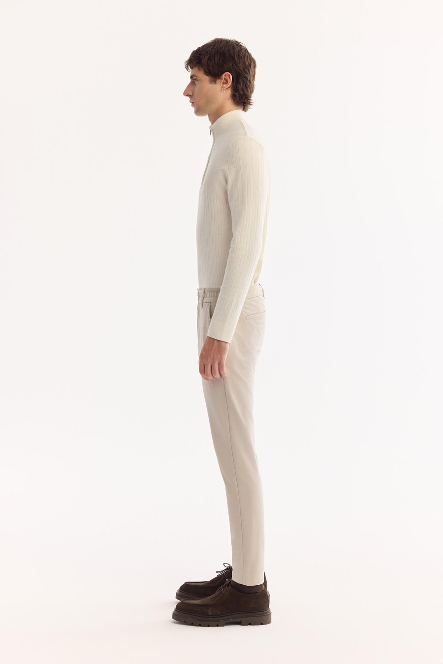 Bej Yanı Lastikli Teknik Slim Fit Pantolon