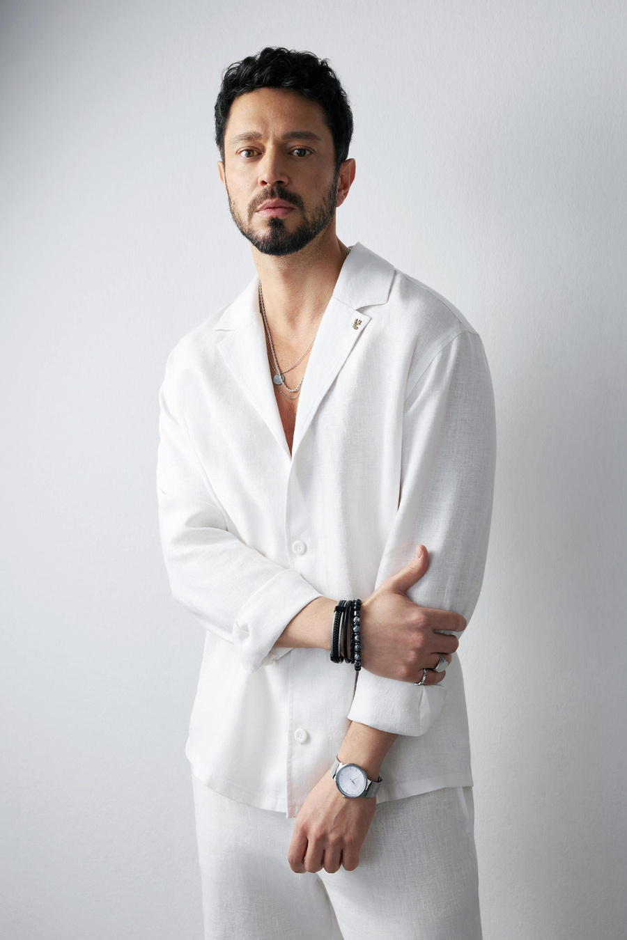 Beyaz Küba Yaka %100 Keten Comfort Fit Uzun Kol Gömlek Ceket