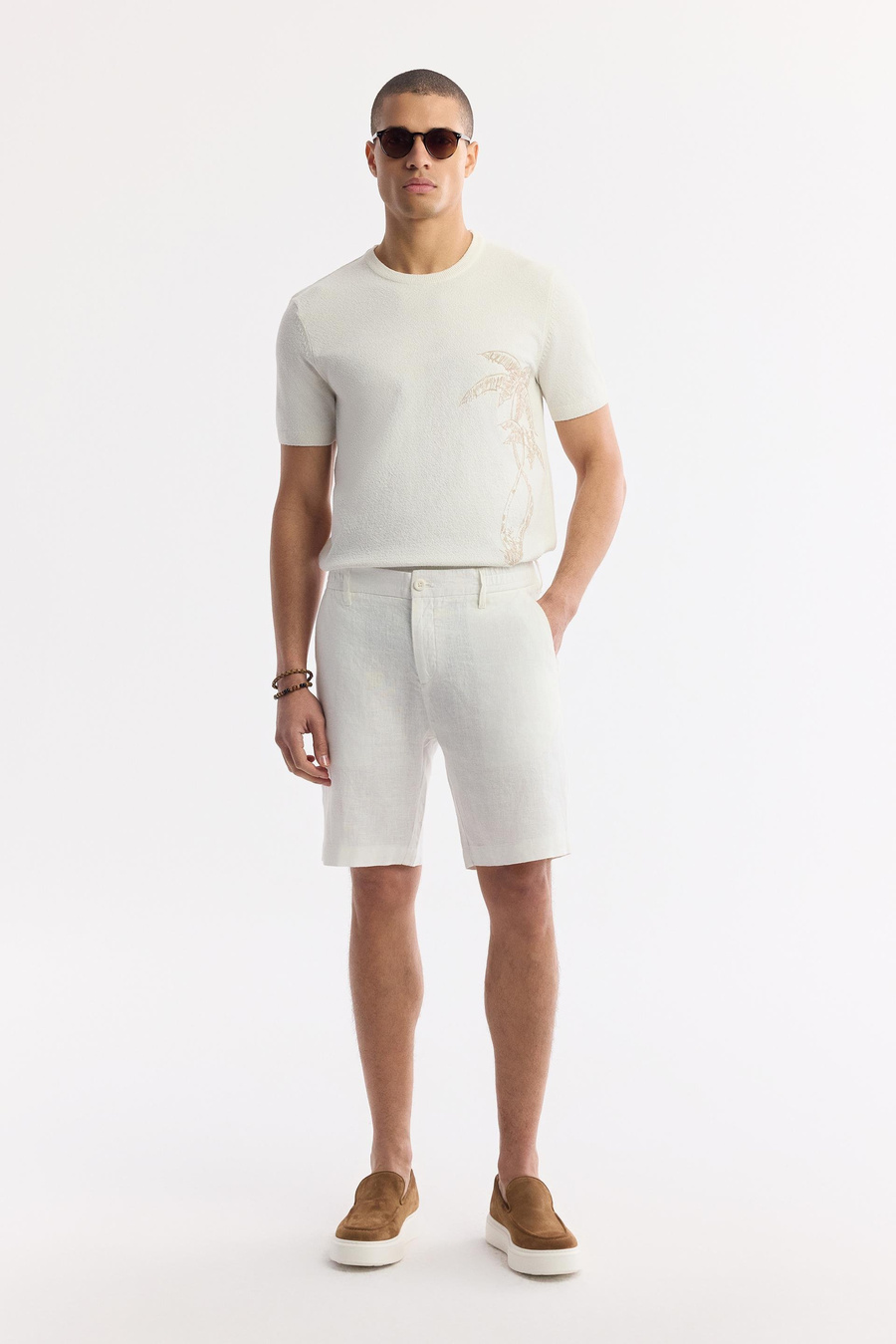 Beyaz Beli Lastikli %100 Keten Assos Relaxed Fit Şort