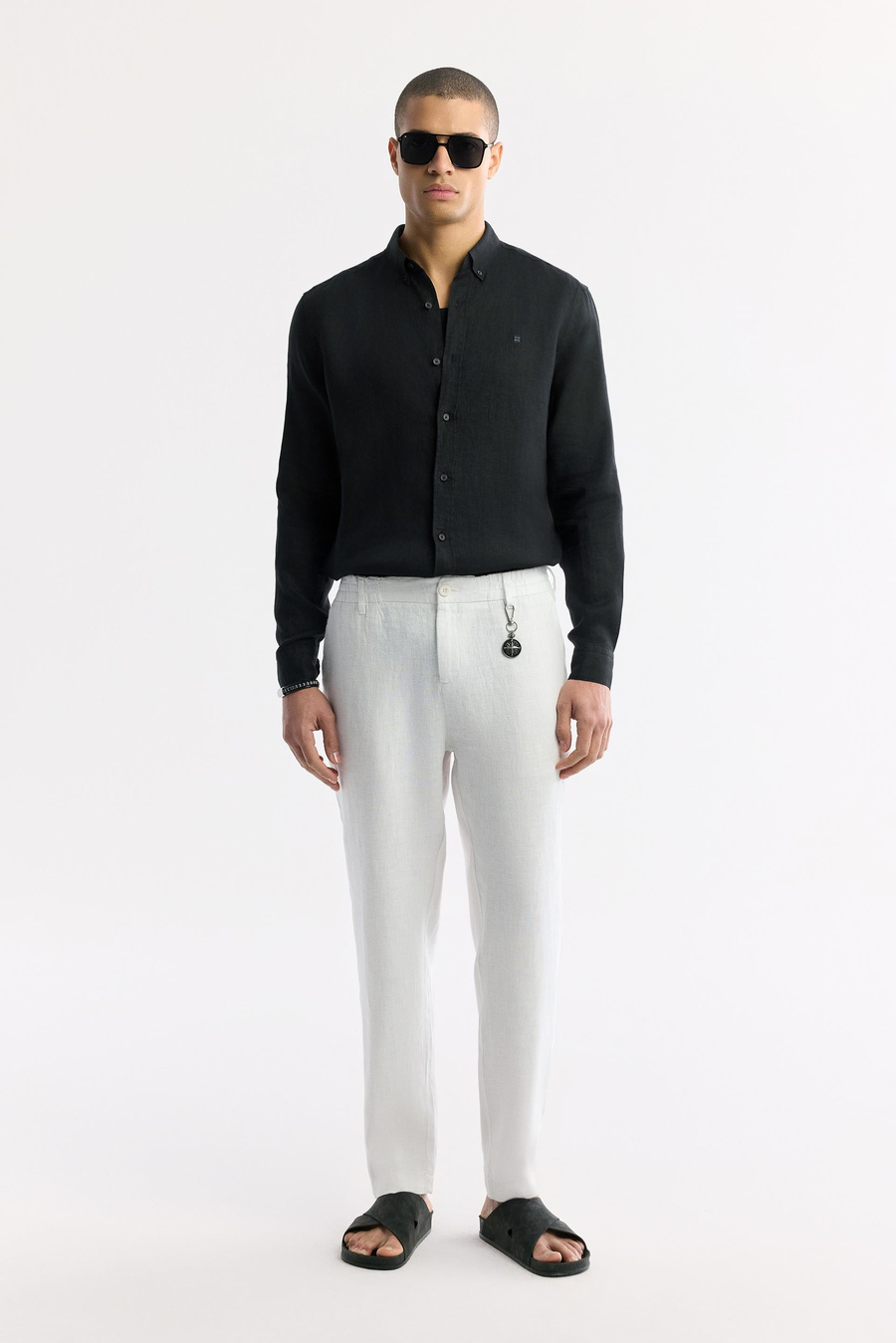 Beyaz Beli Lastikli %100 Keten Issos Relaxed Fit Pantolon