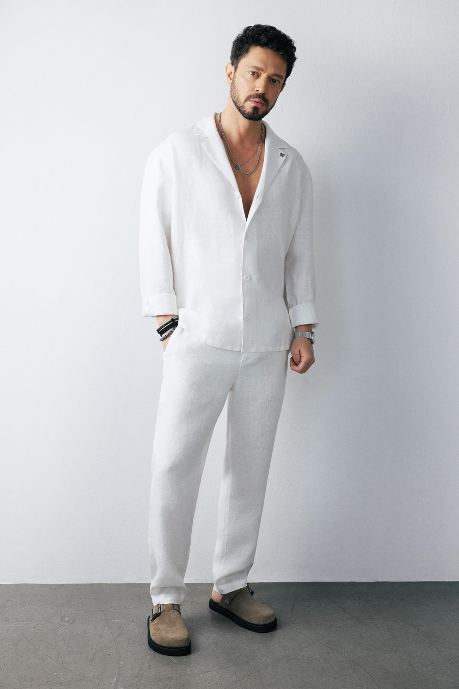 Beyaz Beli Lastikli %100 Keten Issos Relaxed Fit Pantolon