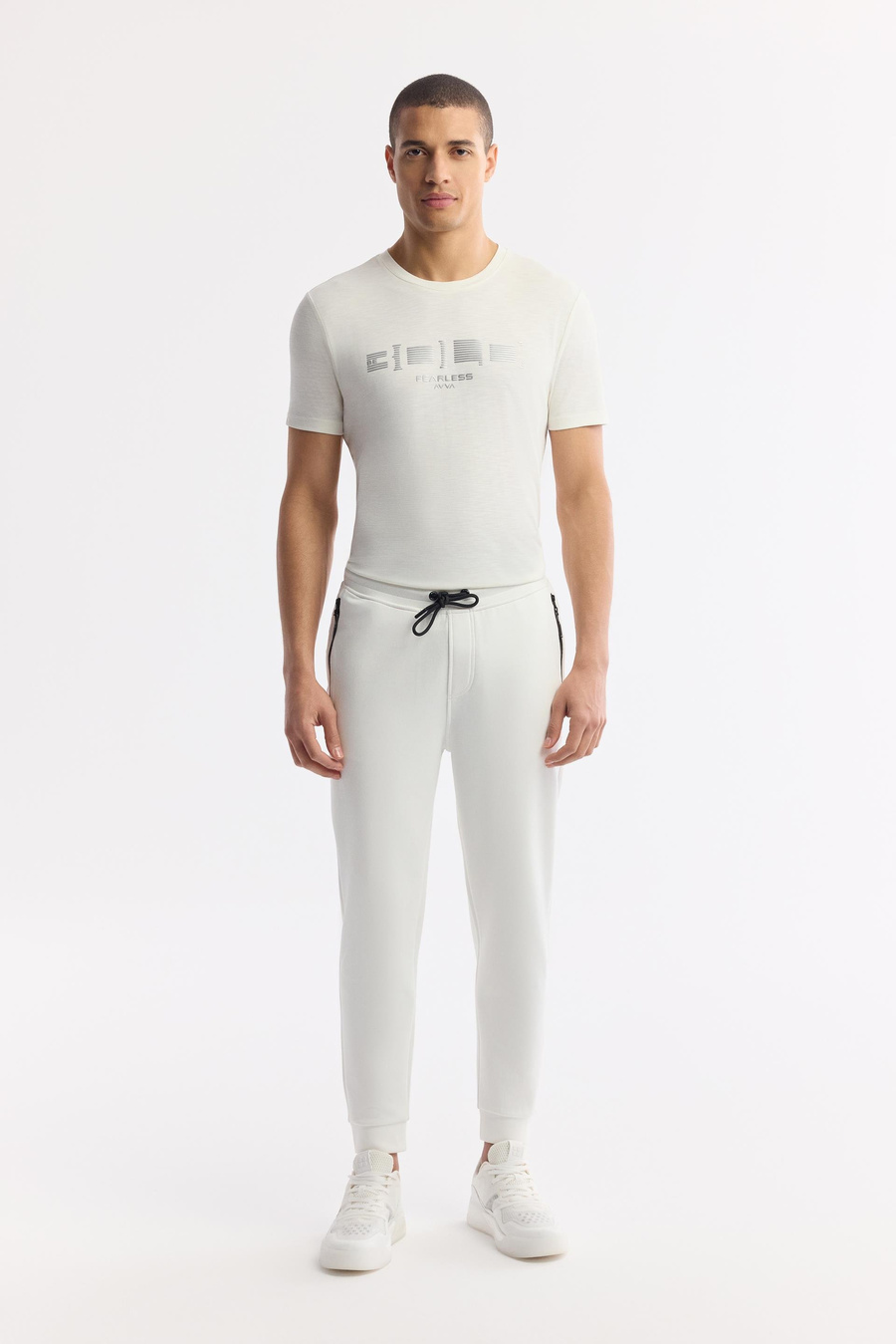 Beyaz Beli Lastikli Bağcıklı Yandan Fermuarlı Cepli İnterlok Jogger