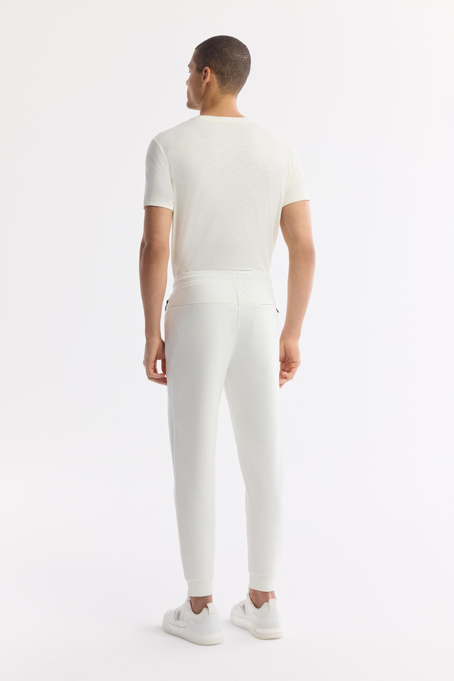 Beyaz Beli Lastikli Bağcıklı Yandan Fermuarlı Cepli İnterlok Jogger