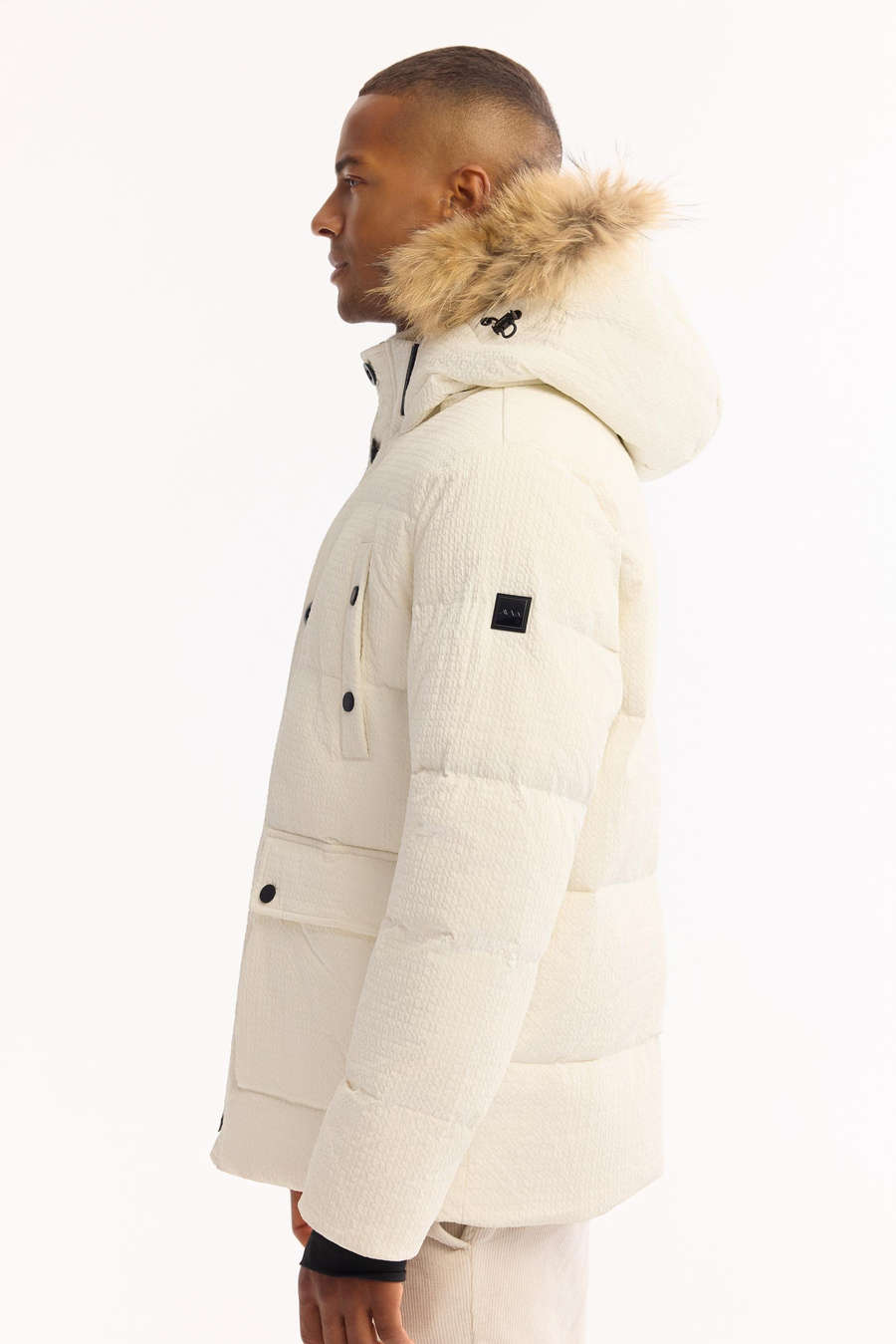 Beyaz Kaz Tüyü Yakası 100% Rakun Kürklü Kapüşonlu Mont