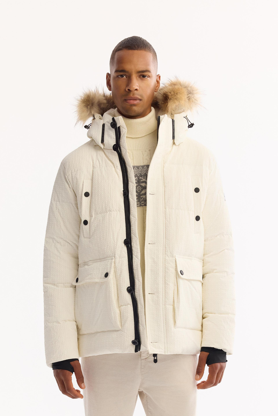 Beyaz Kaz Tüyü Yakası 100% Rakun Kürklü Kapüşonlu Mont