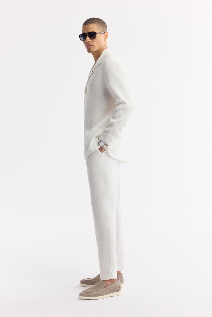 Beyaz Küba Yaka %100 Keten Comfort Fit Uzun Kol Gömlek Ceket