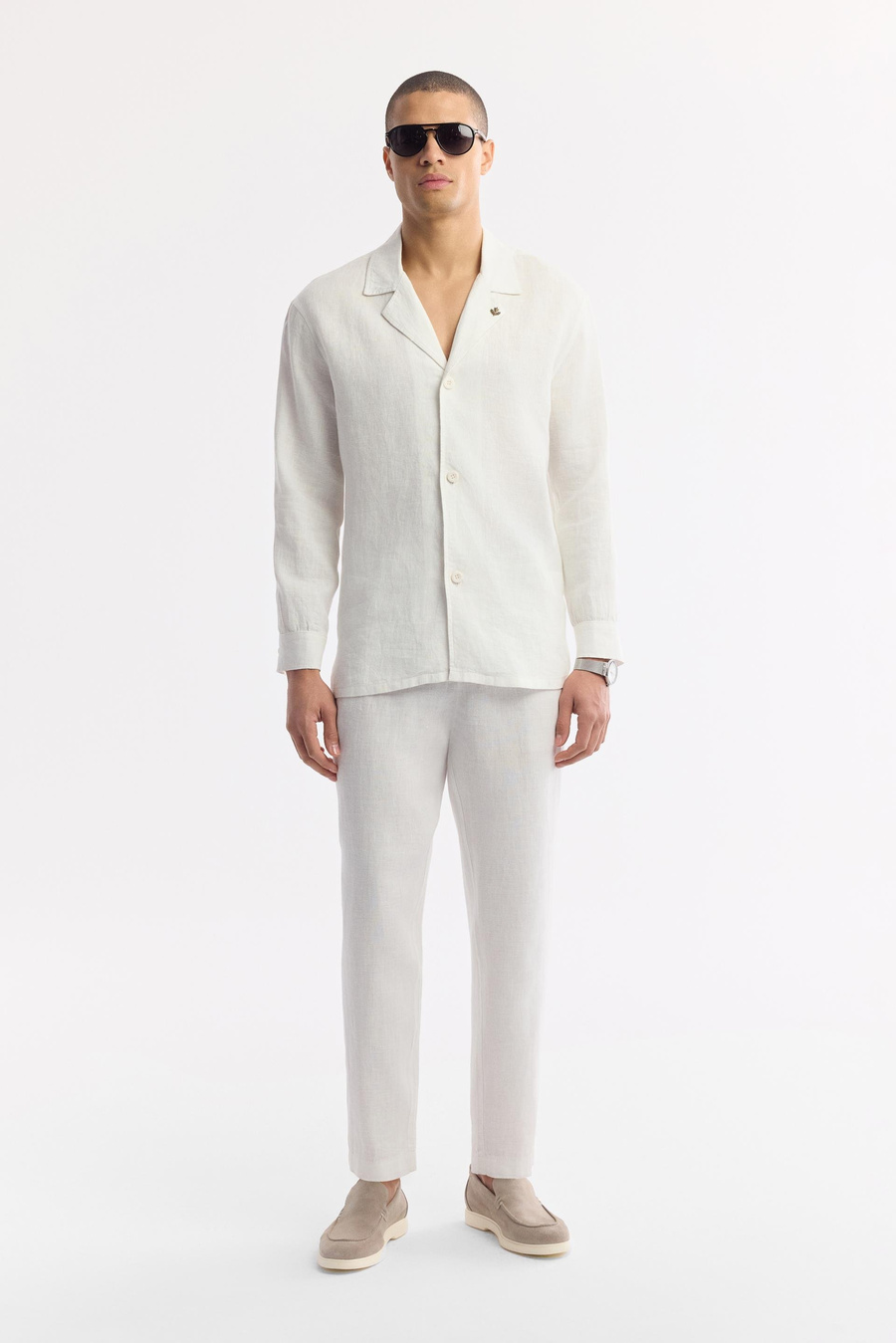 Beyaz Küba Yaka %100 Keten Comfort Fit Uzun Kol Gömlek Ceket