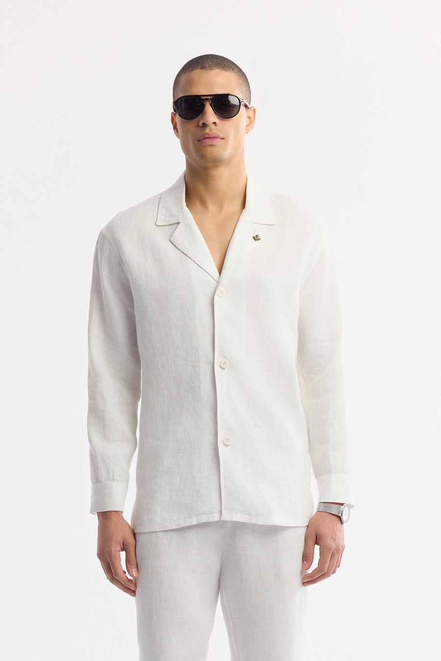 Beyaz Küba Yaka %100 Keten Comfort Fit Uzun Kol Gömlek Ceket