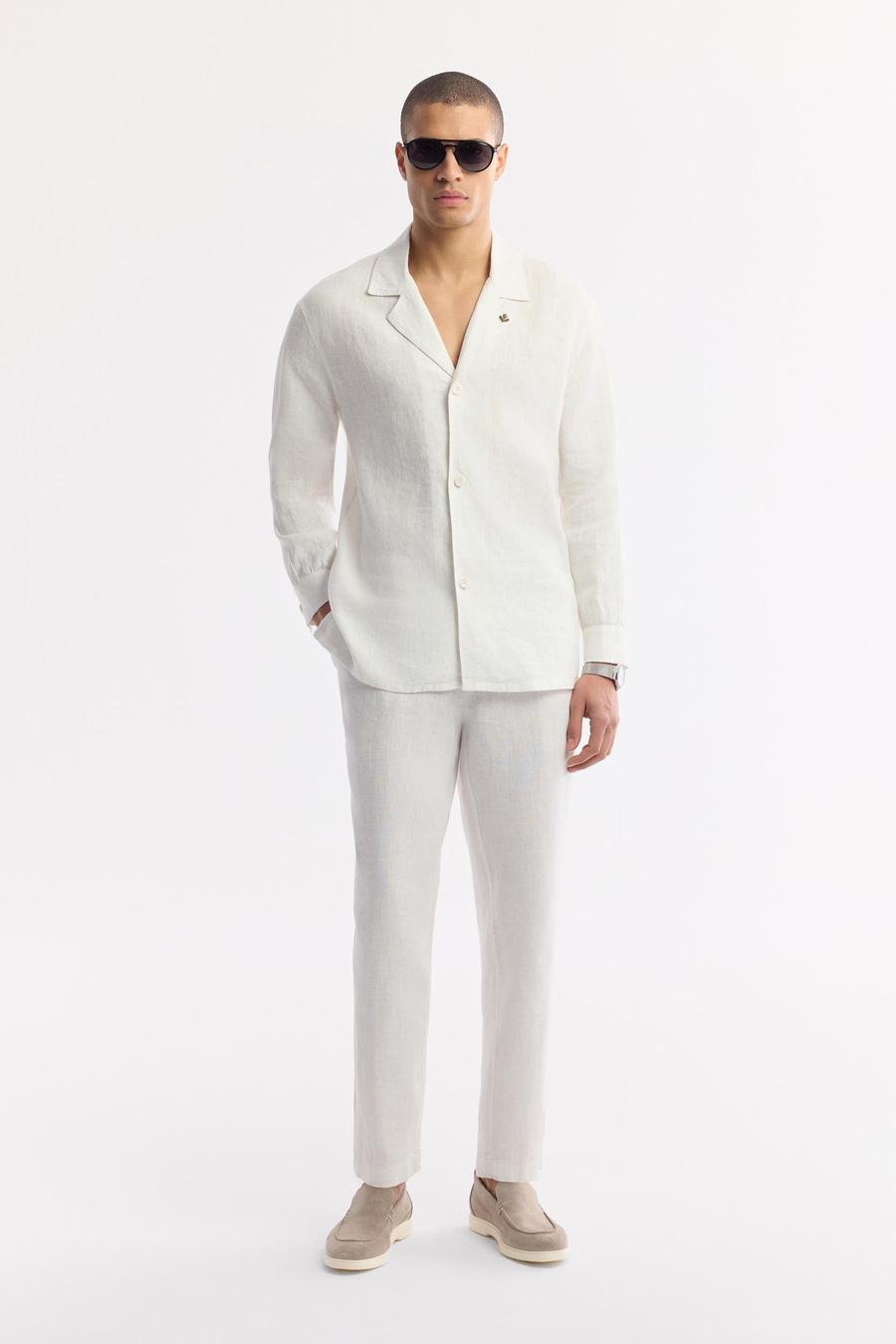 Beyaz Küba Yaka %100 Keten Comfort Fit Uzun Kol Gömlek Ceket