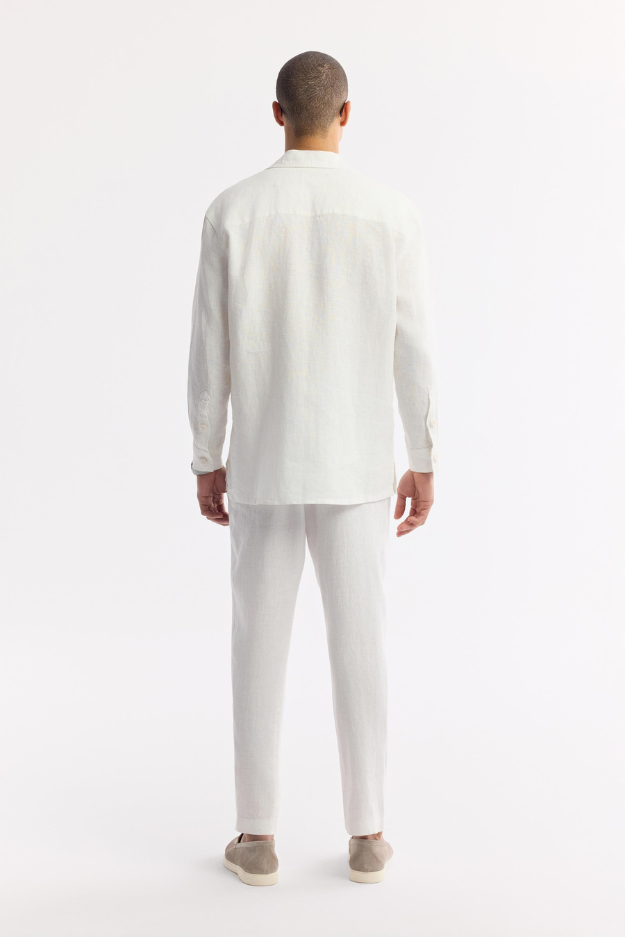 Beyaz Küba Yaka %100 Keten Comfort Fit Uzun Kol Gömlek Ceket