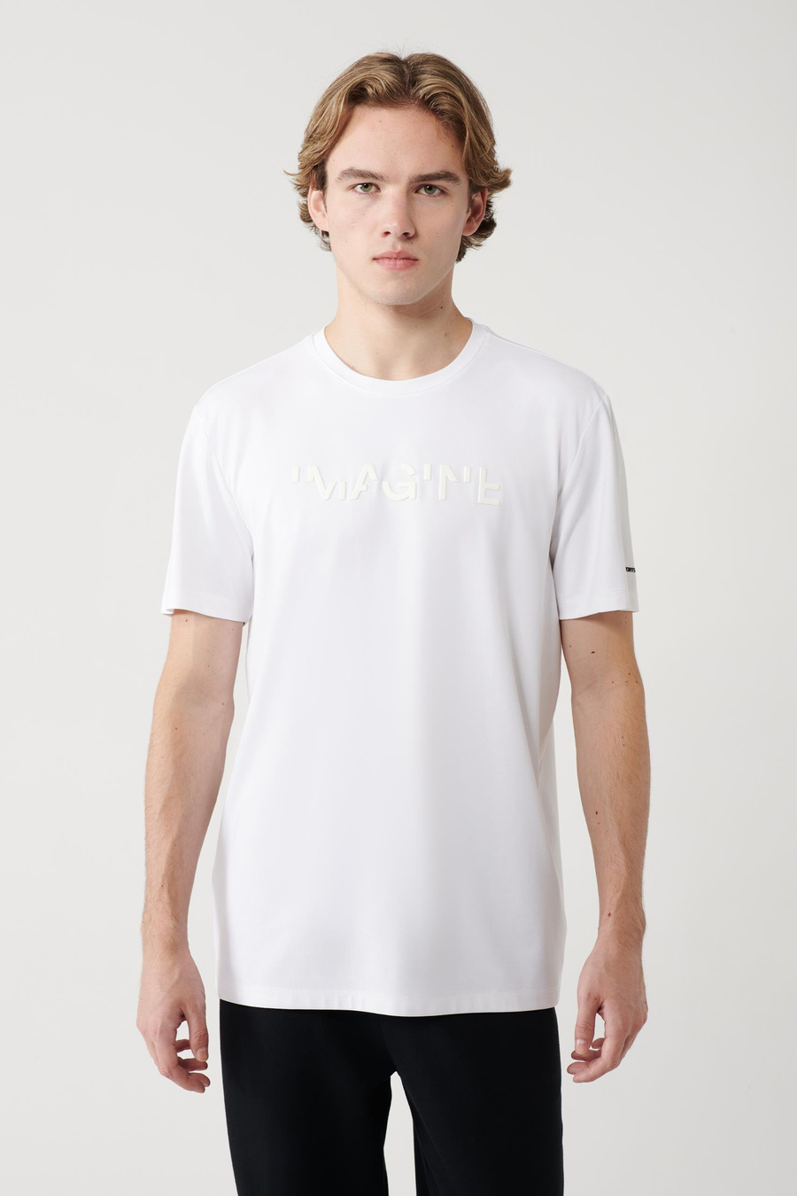 Beyaz Soft Touch Baskılı Bisiklet Yaka T-shirt