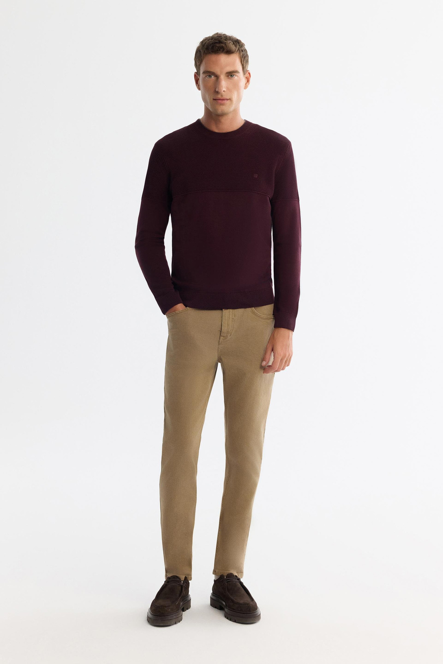 Bordo Çift Yaka Detaylı Dokulu Triko Kazak