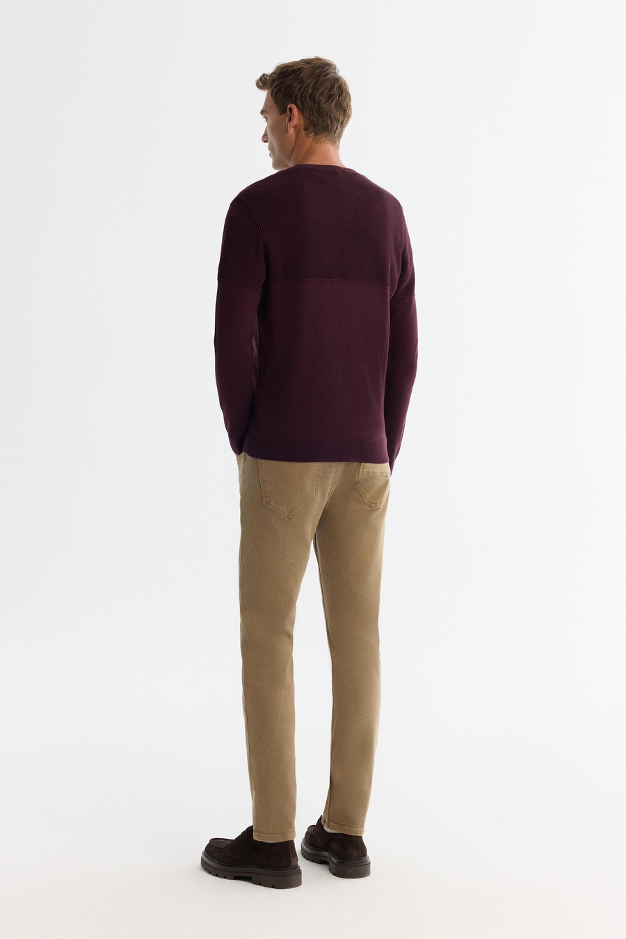 Bordo Çift Yaka Detaylı Dokulu Triko Kazak