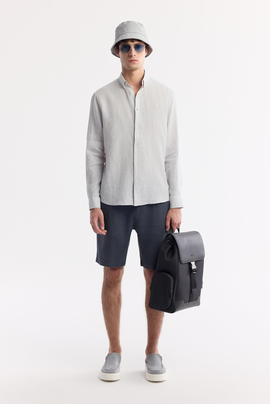 Buz Gri Düğmeli Yaka %100 Keten Comfort Fit Uzun Kol Gömlek