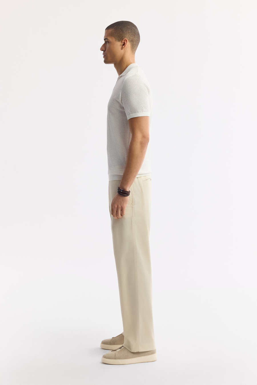 Ekru Apaj Yaka Düğmesiz Ajurlu Triko T-shirt