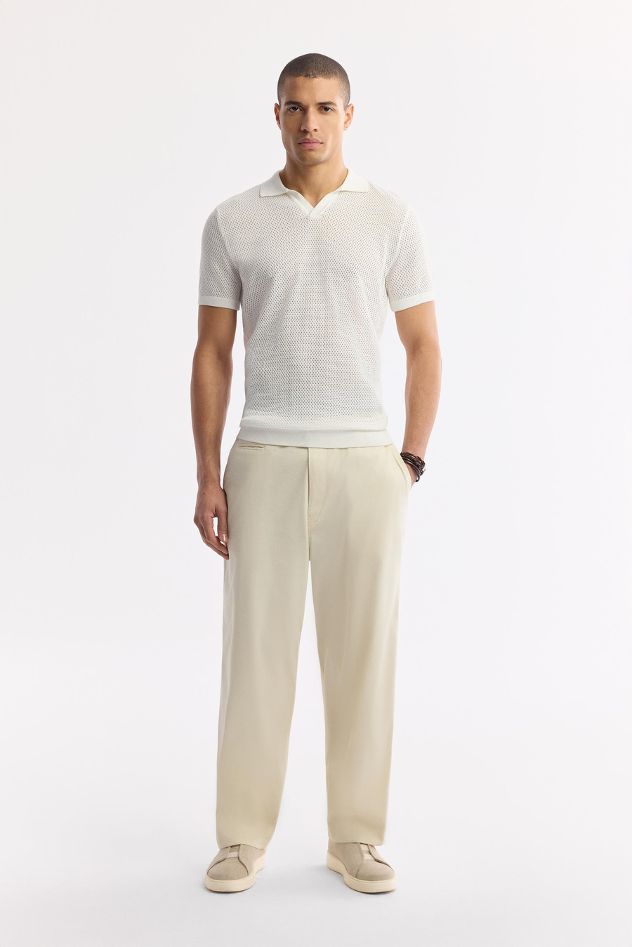 Ekru Apaj Yaka Düğmesiz Ajurlu Triko T-shirt