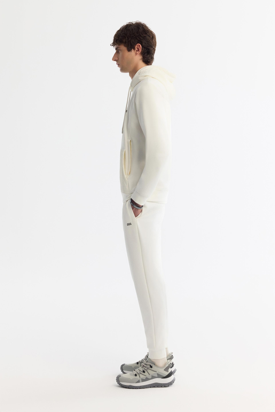 Ekru Bisiklet Yaka Baskılı Fermuarlı Sweetshirt