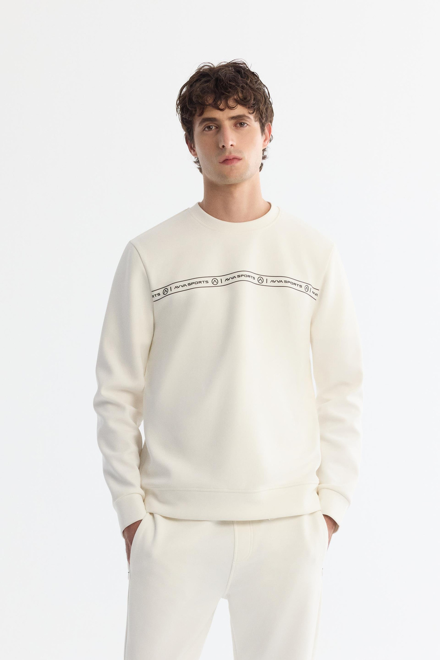 Ekru Bisiklet Yaka Baskılı Sweatshirt