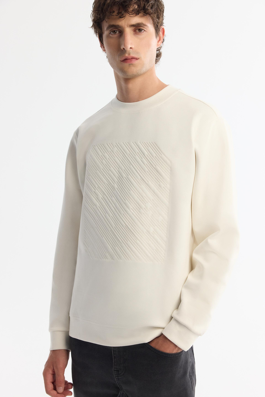 Ekru Bisiklet Yaka Baskılı Sweetshirt