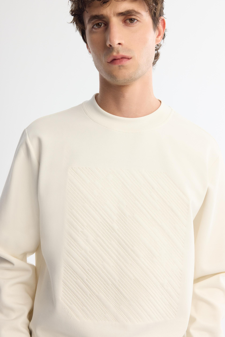 Ekru Bisiklet Yaka Baskılı Sweetshirt