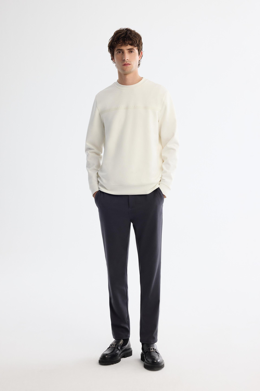 Ekru Bisiklet Yaka Baskılı Sweetshirt