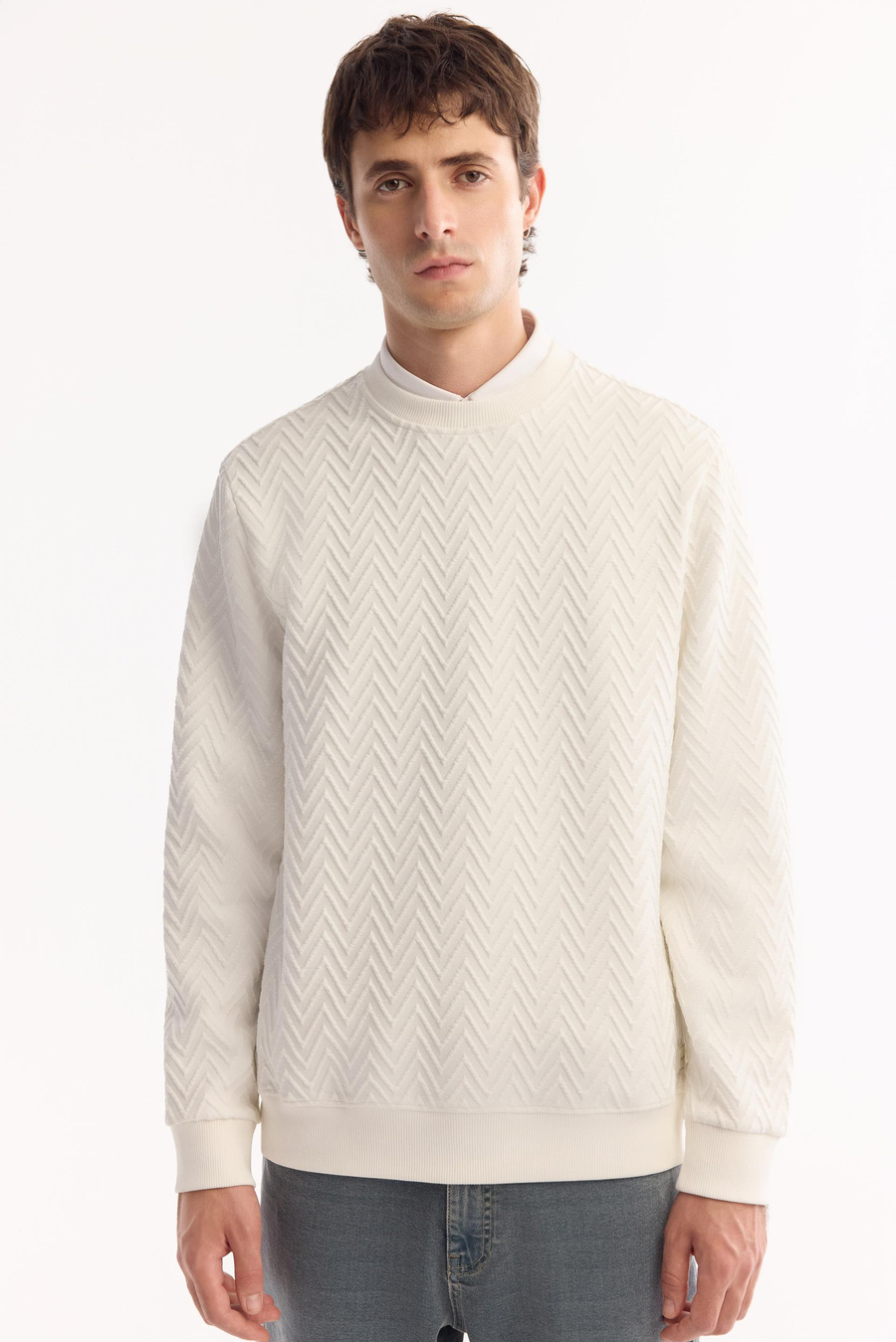 Ekru Bisiklet Yaka Çizgili Jakarlı Sweatshirt