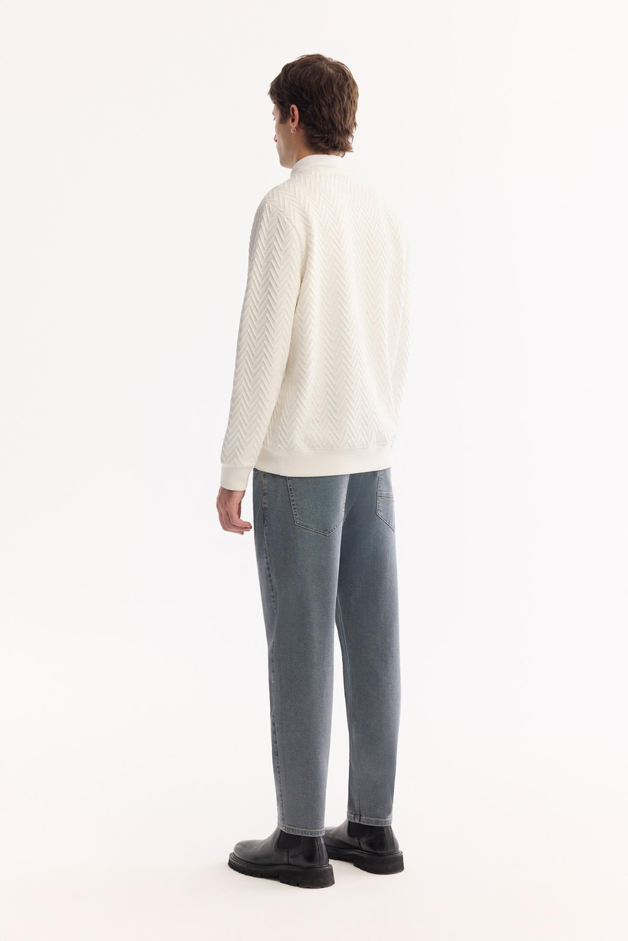 Ekru Bisiklet Yaka Çizgili Jakarlı Sweatshirt