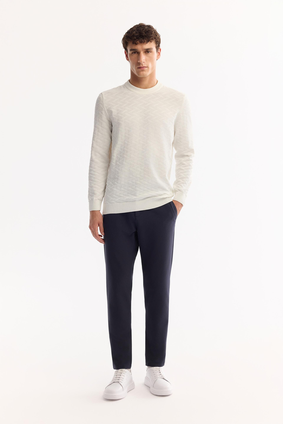 Ekru Bisiklet Yaka Dokulu Pirinç Örgü Detaylı Kazak