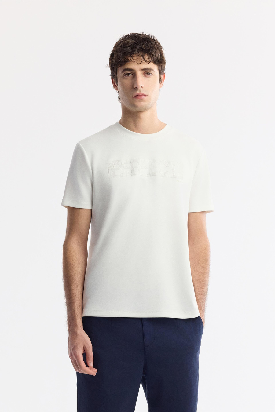 Ekru Bisiklet Yaka Enjeksiyon Baskılı İnterlok T-Shirt | AVVA