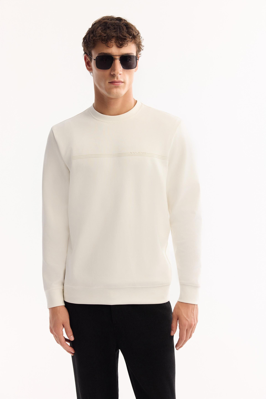 Ekru Bisiklet Yaka Enjeksiyon Baskılı İnterlok Sweatshirt