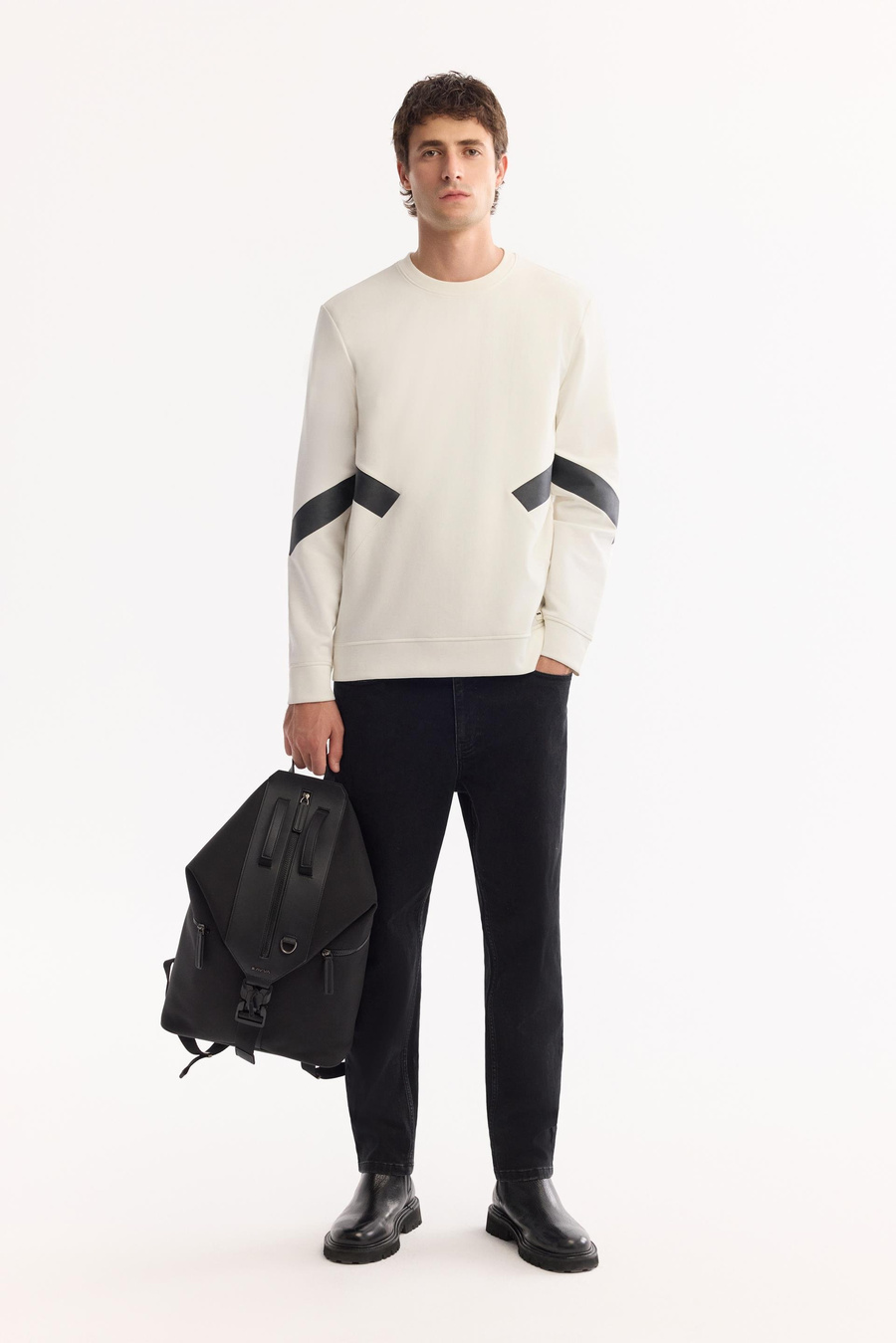 Ekru Bisiklet Yaka Fileksi  Baskılı İnterlok  Sweatshirt