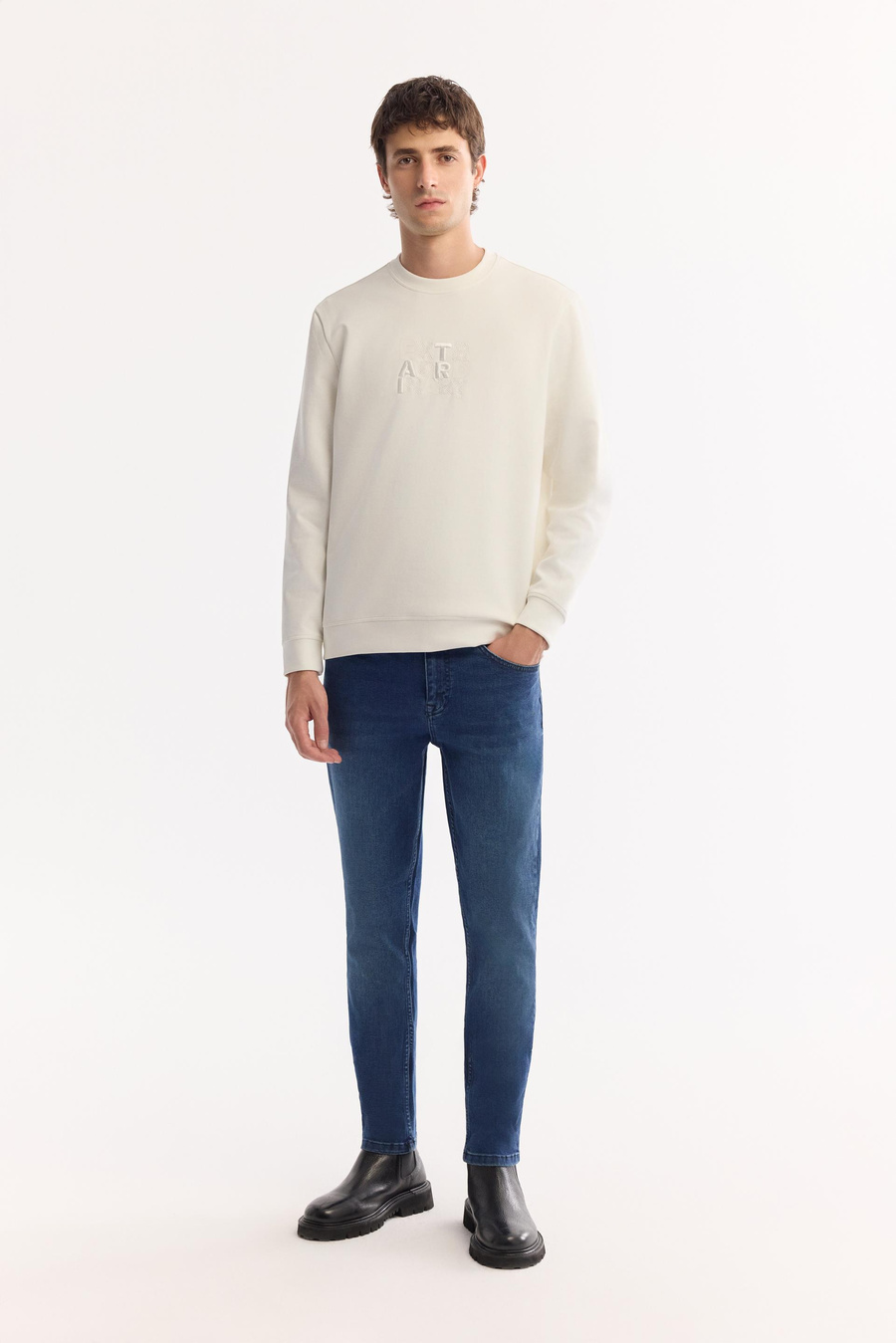 Ekru Bisiklet Yaka Fileksi Baskılı Nakış   İnterlok Sweatshirt