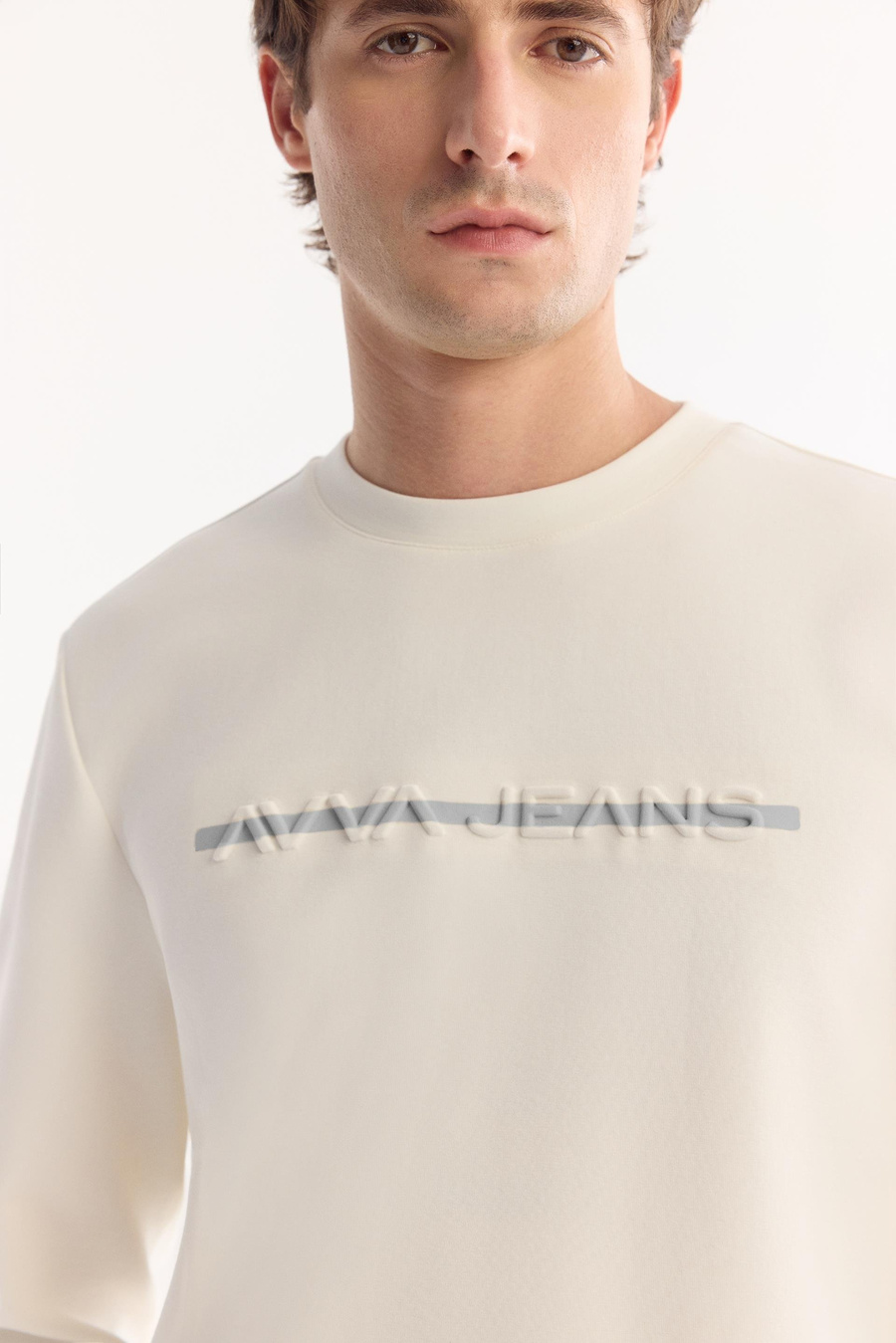 Ekru Bisiklet Yaka Gofre  Baskılı İnterlok Sweatshirt