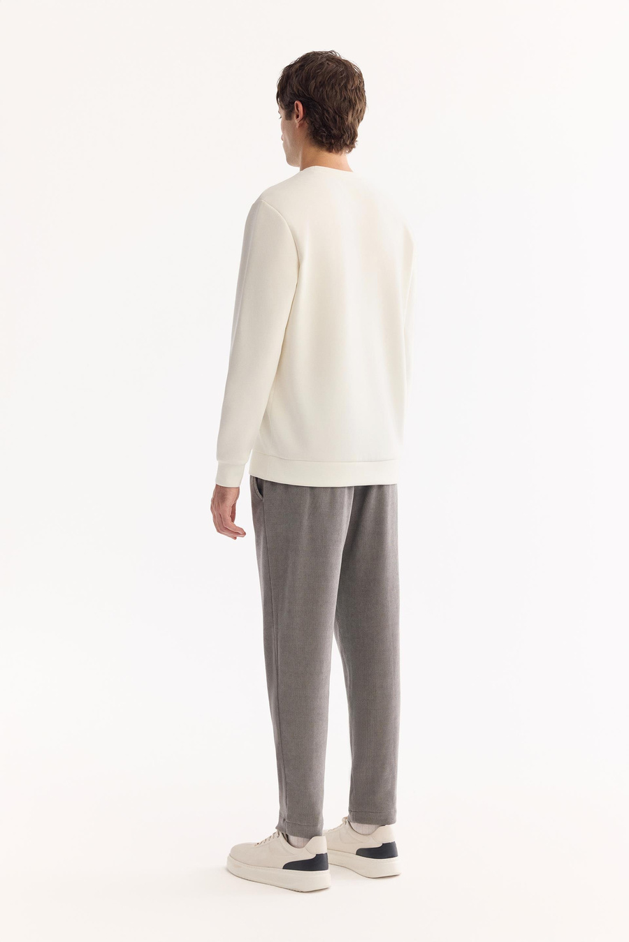 Ekru Bisiklet Yaka Gofre  Baskılı İnterlok Sweatshirt