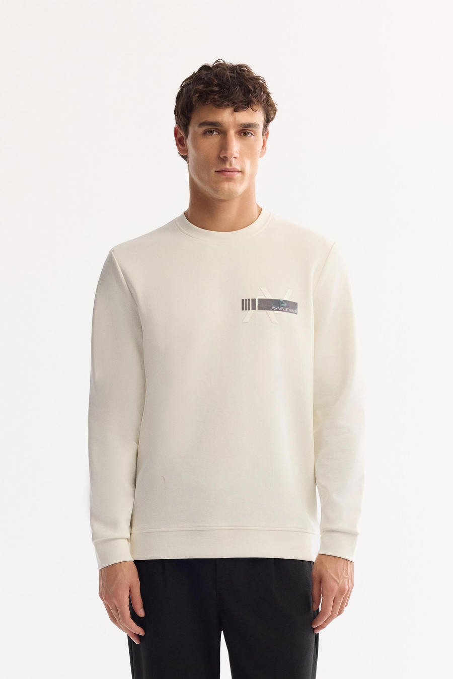Ekru Bisiklet Yaka Göğsü Hologram Baskı  İnterlok Sweatshirt