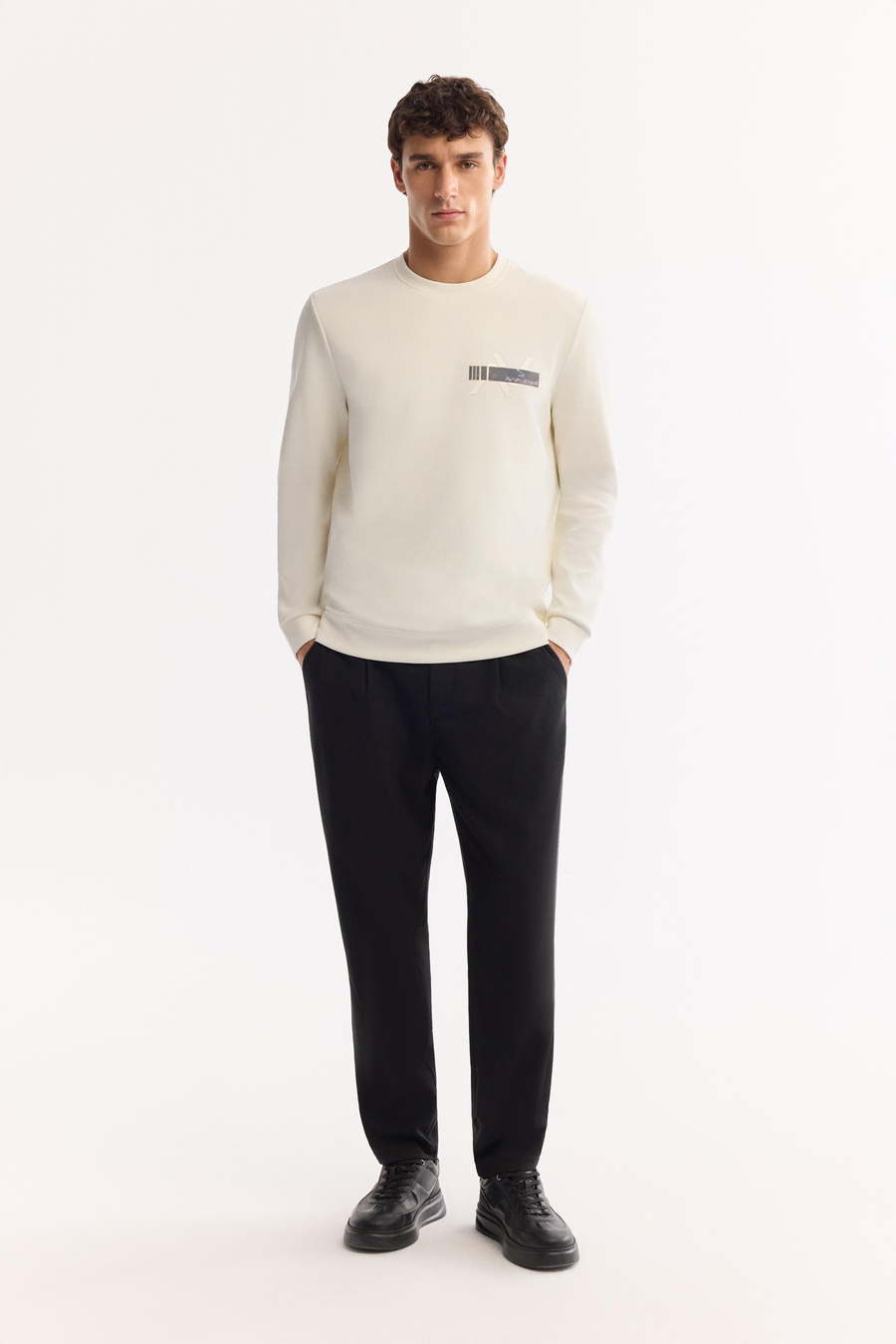 Ekru Bisiklet Yaka Göğsü Hologram Baskı  İnterlok Sweatshirt