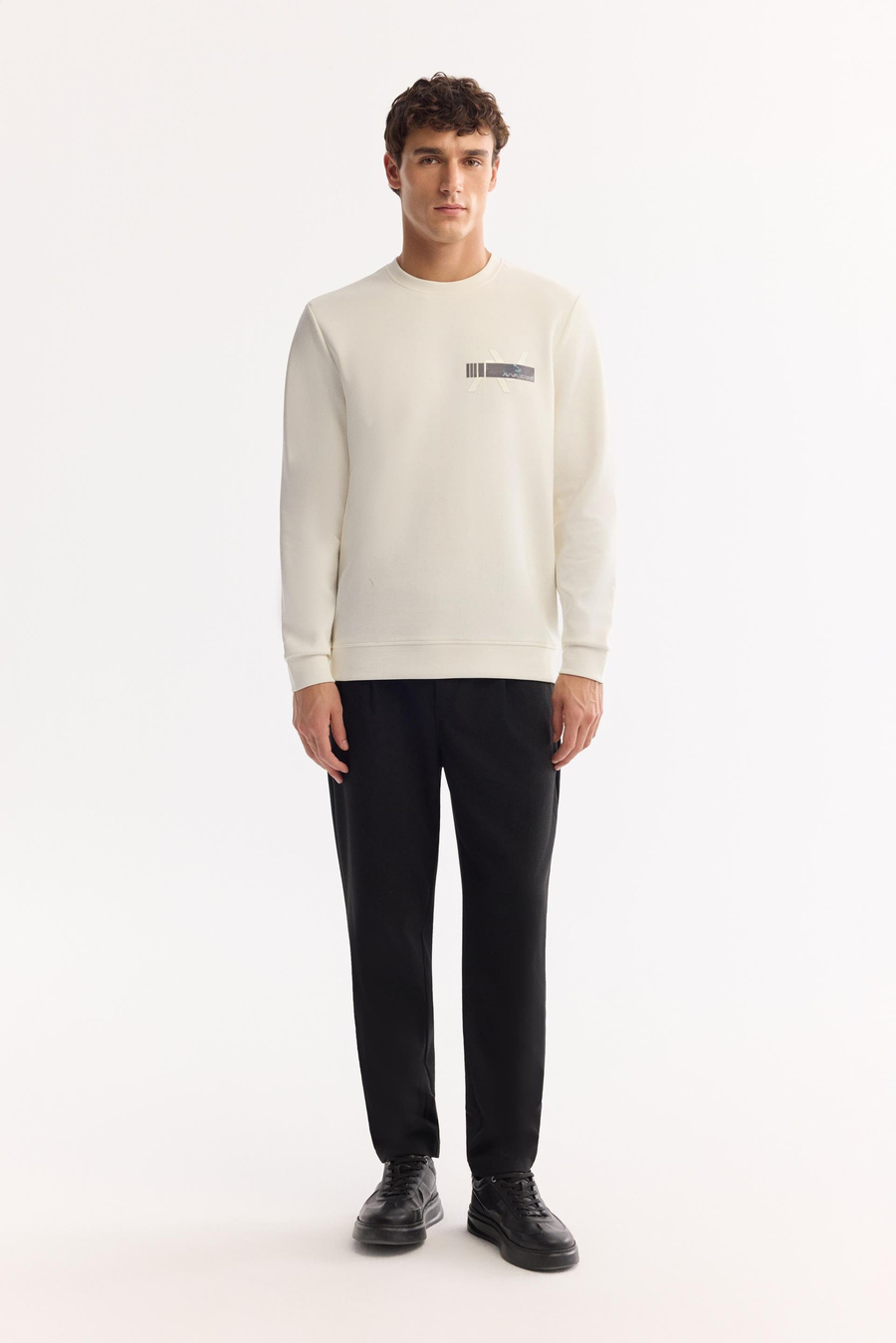 Ekru Bisiklet Yaka Göğsü Hologram Baskı  İnterlok Sweatshirt