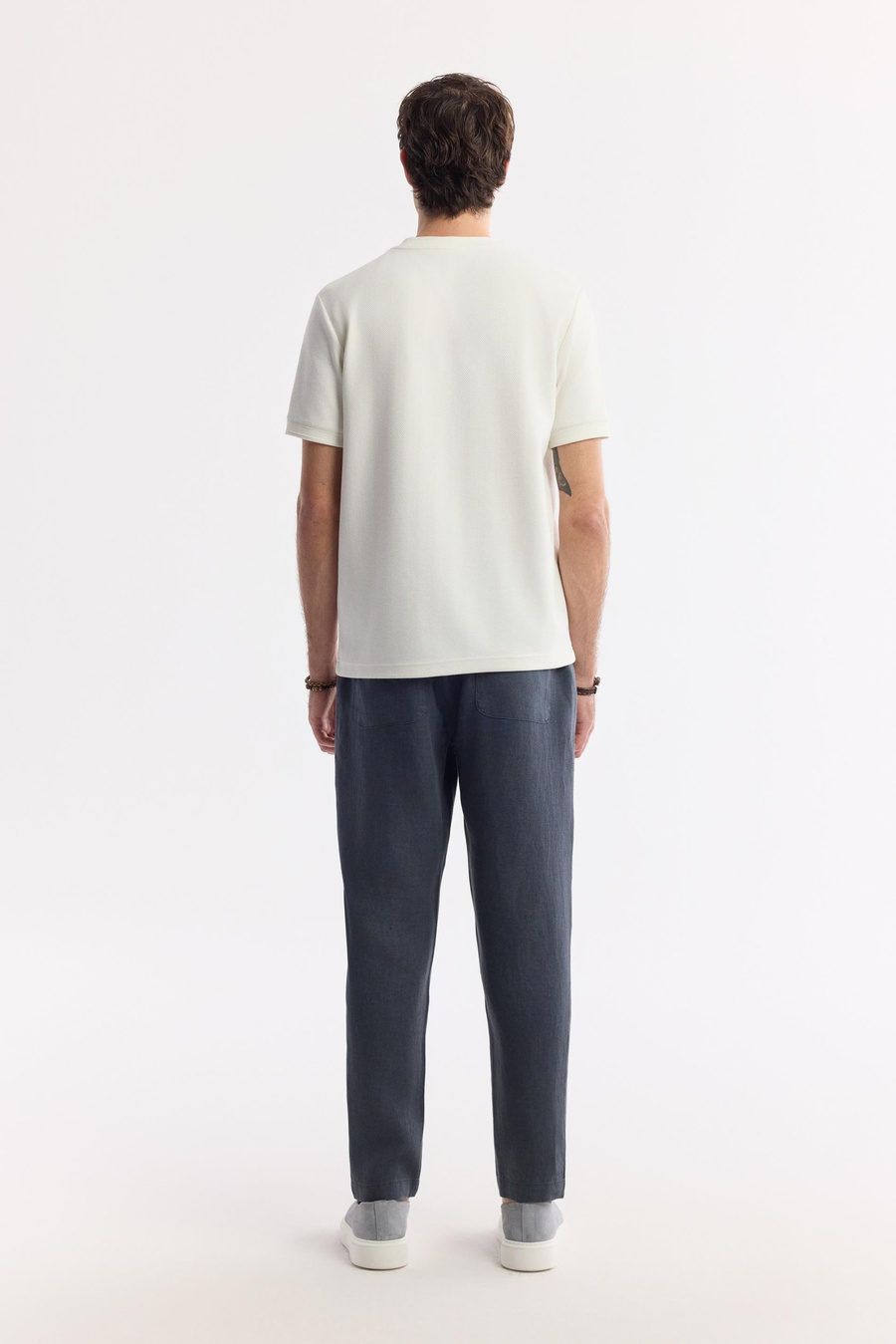 Ekru Bisiklet Yaka Jakarlı Ribana Detaylı T-Shirt