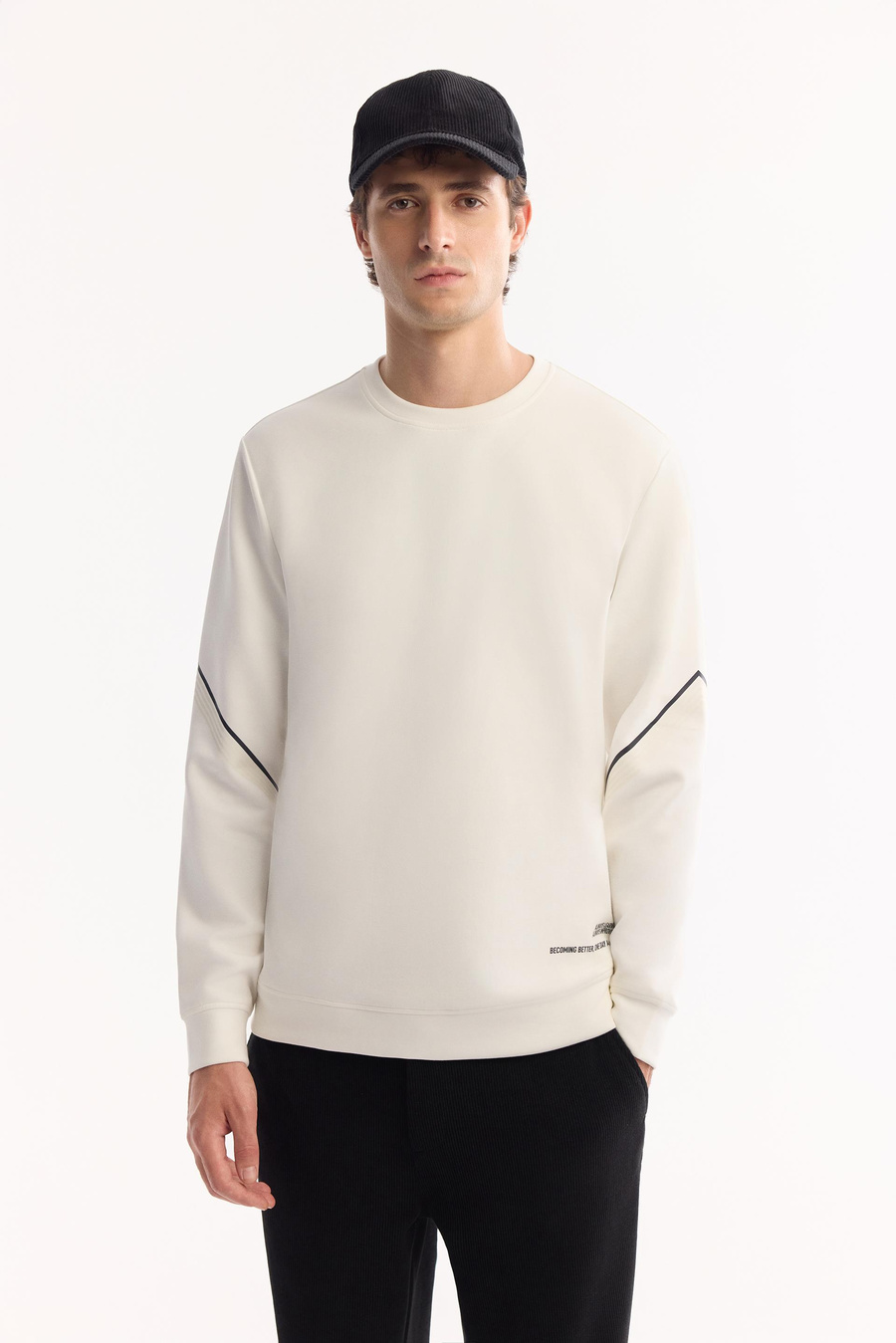 Ekru Bisiklet Yaka Kolu Fileksi  Baskılı İnterlok Sweatshirt