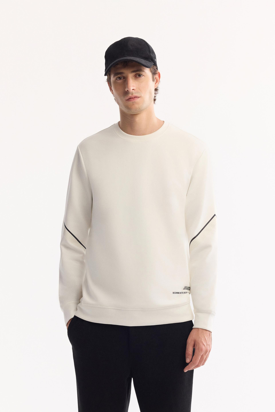 Ekru Bisiklet Yaka Kolu Fileksi  Baskılı İnterlok Sweatshirt