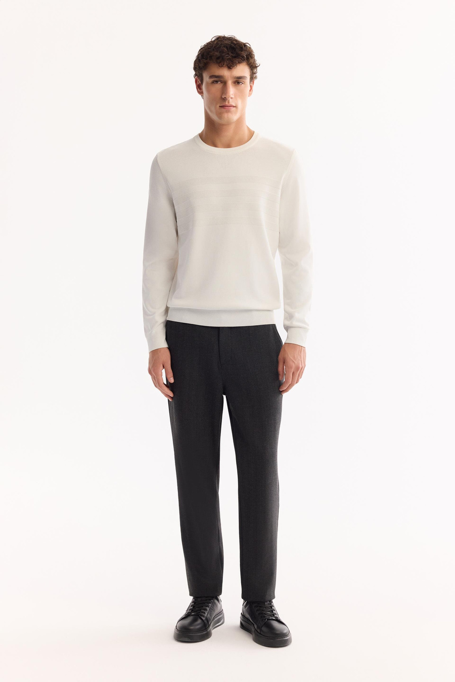 Ekru Bisiklet Yaka Ön Roba Örgü Detaylı Rayon Kazak